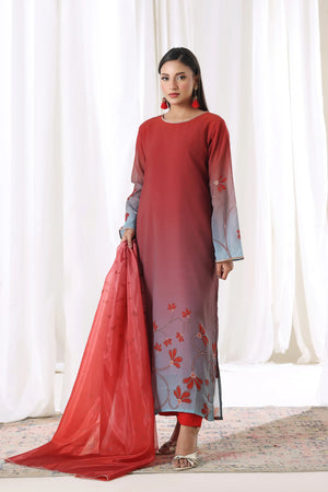 Buraqstore model wearing chiffon red dress posing in evening indoor lighting