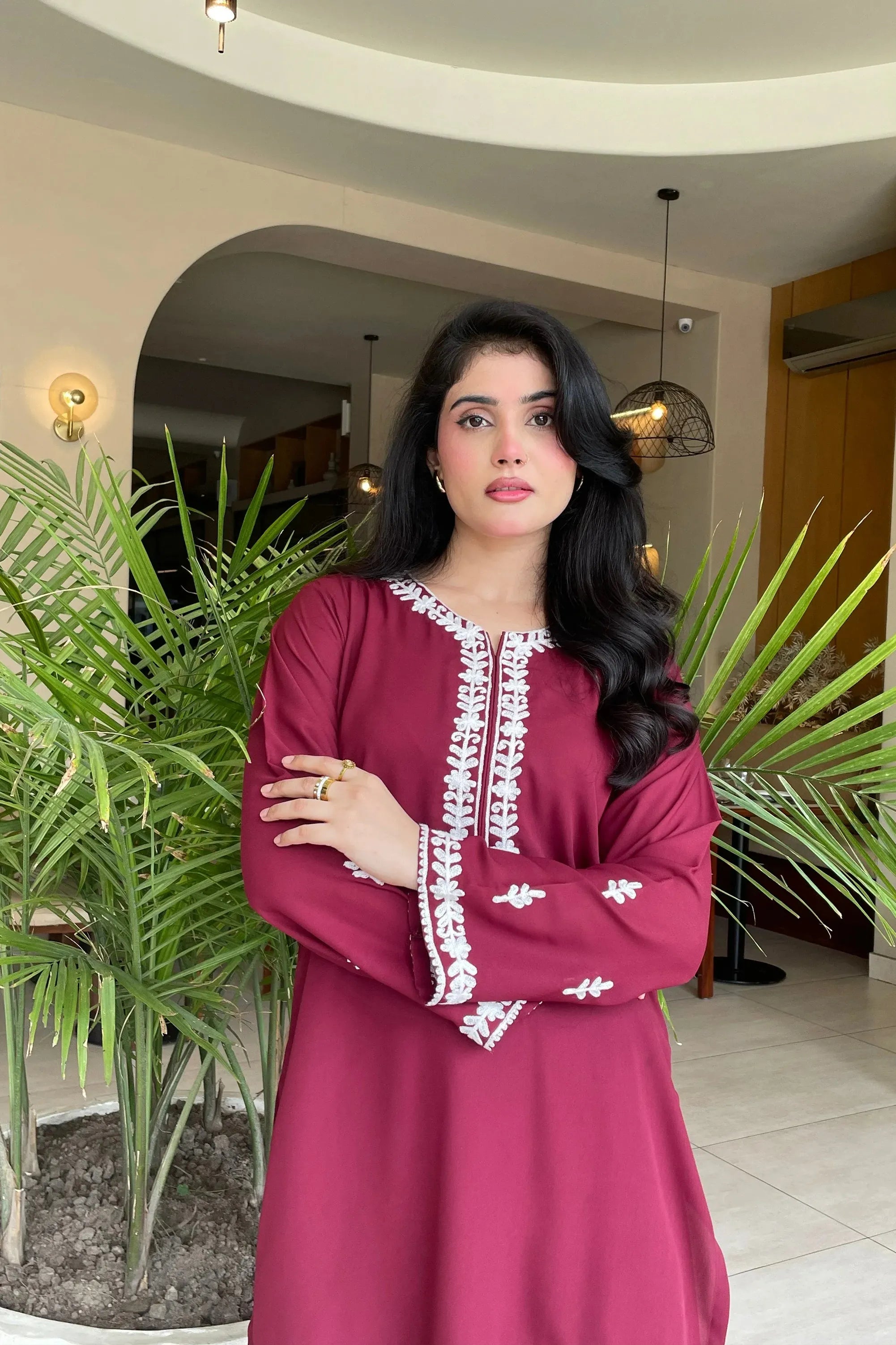 Burgundy Embroidered Georgette Pret 2Pcs