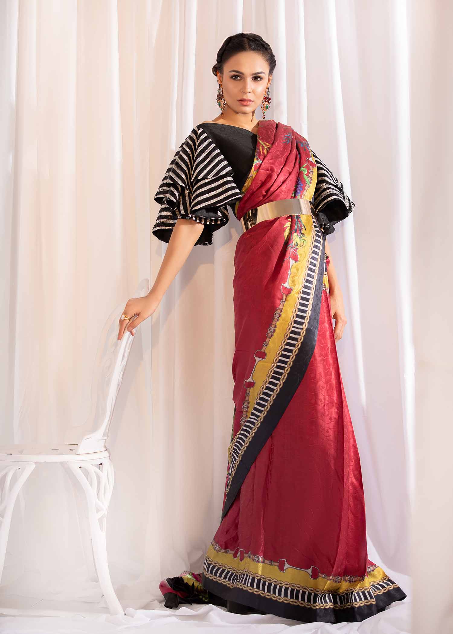 Aruna Bloom - Printed Saree with Striped Flare Sleeves