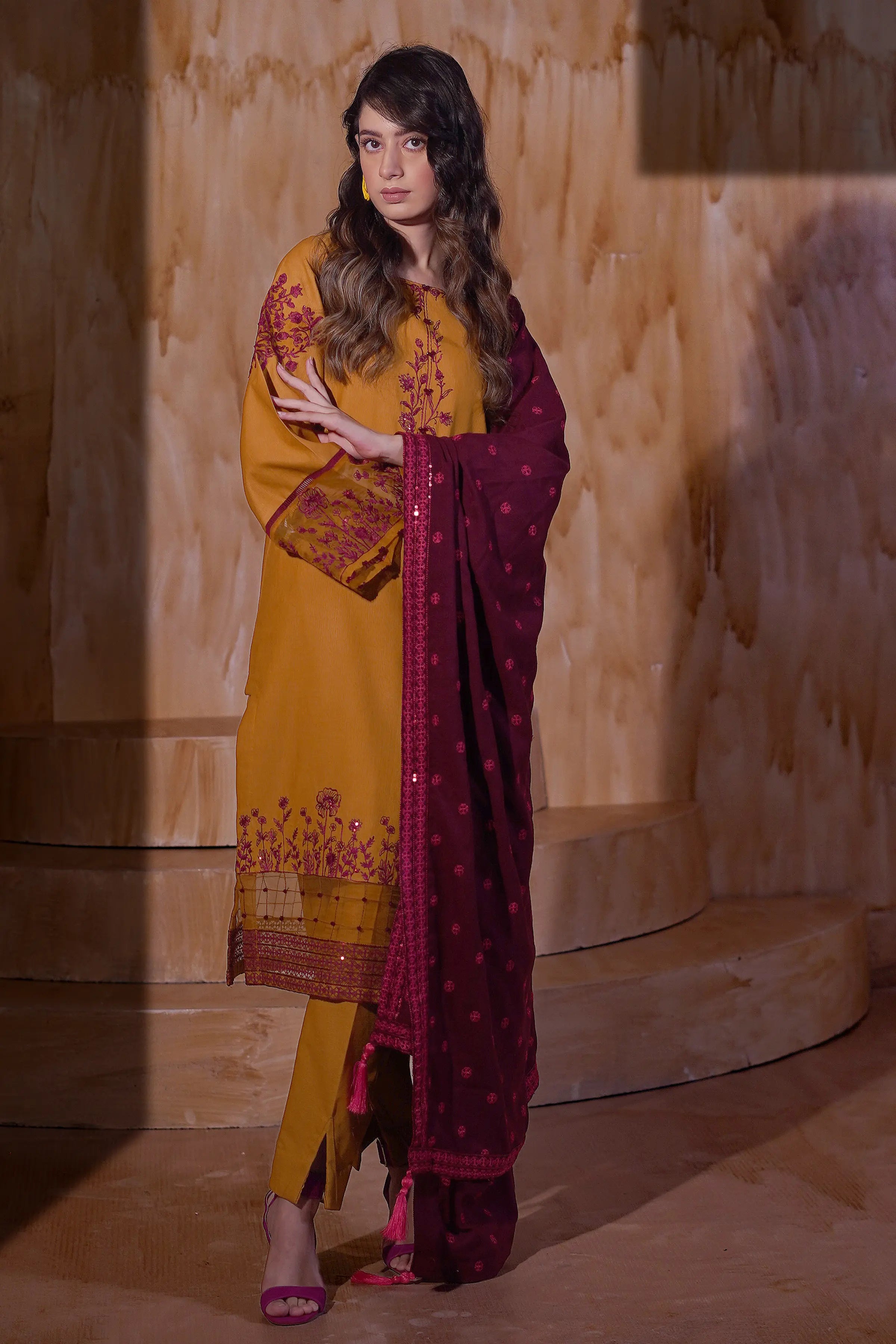 Ay1141 - Saffron grace Khaddar 3Pc