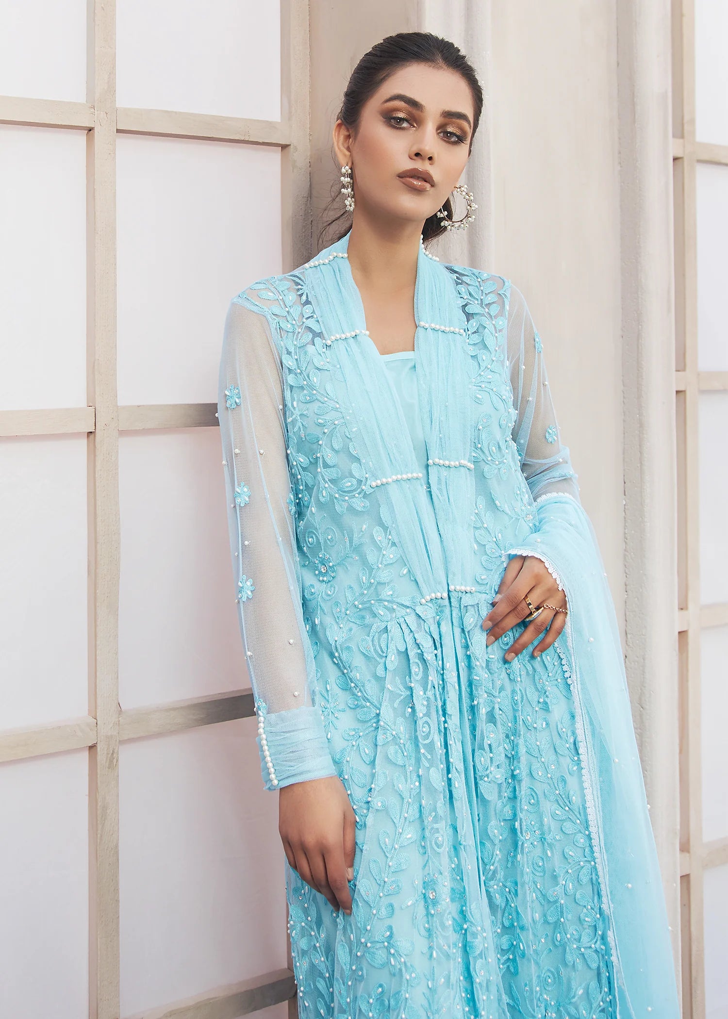 Sky Blue Embroidered Net Suit 1 PC