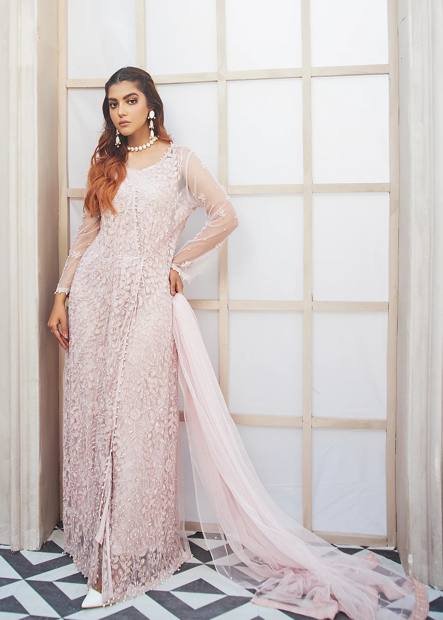 Powder Pink Net Gown 1 PC