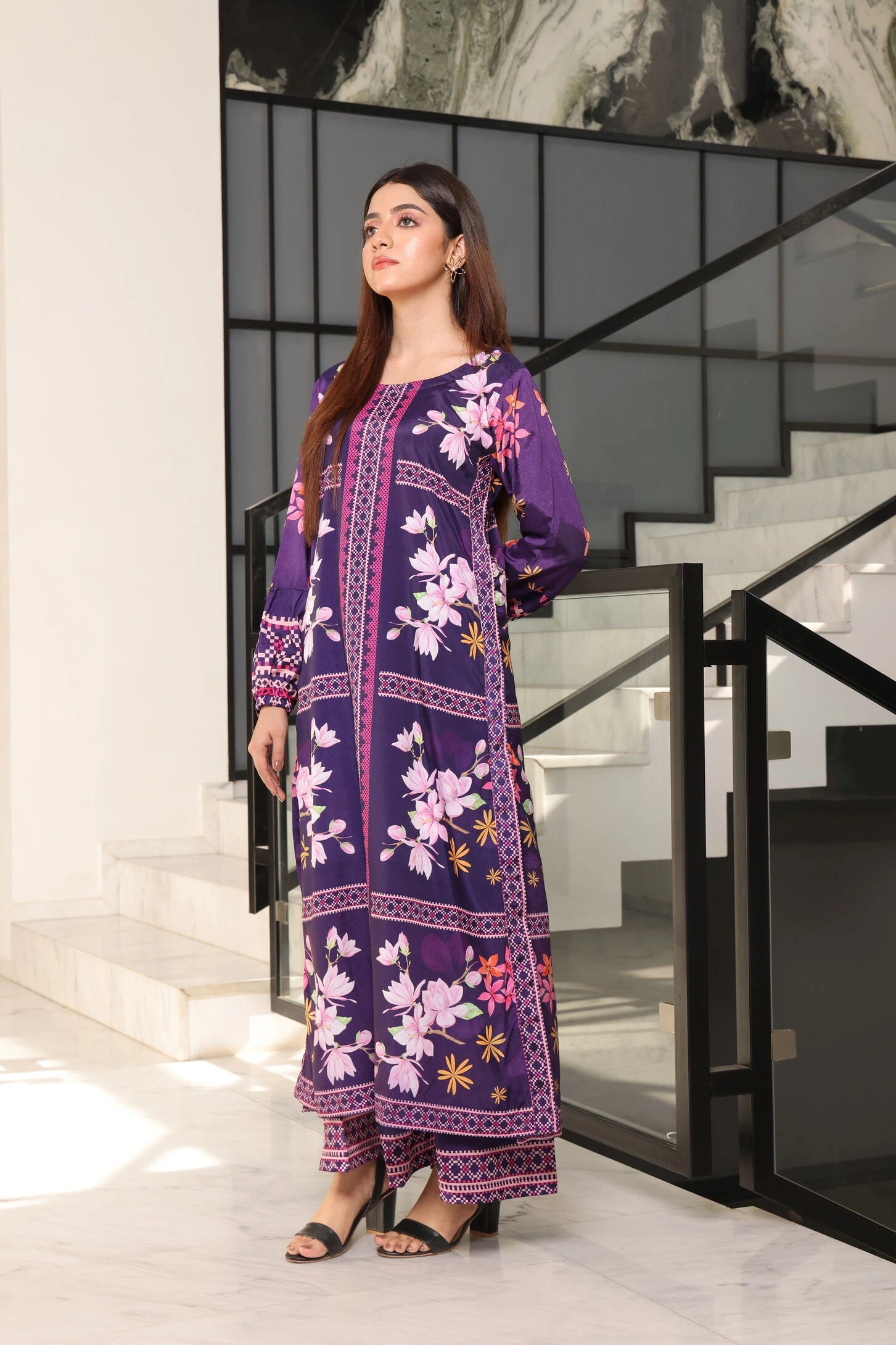 girl posing in dark purple dress by buraqstore stylish look