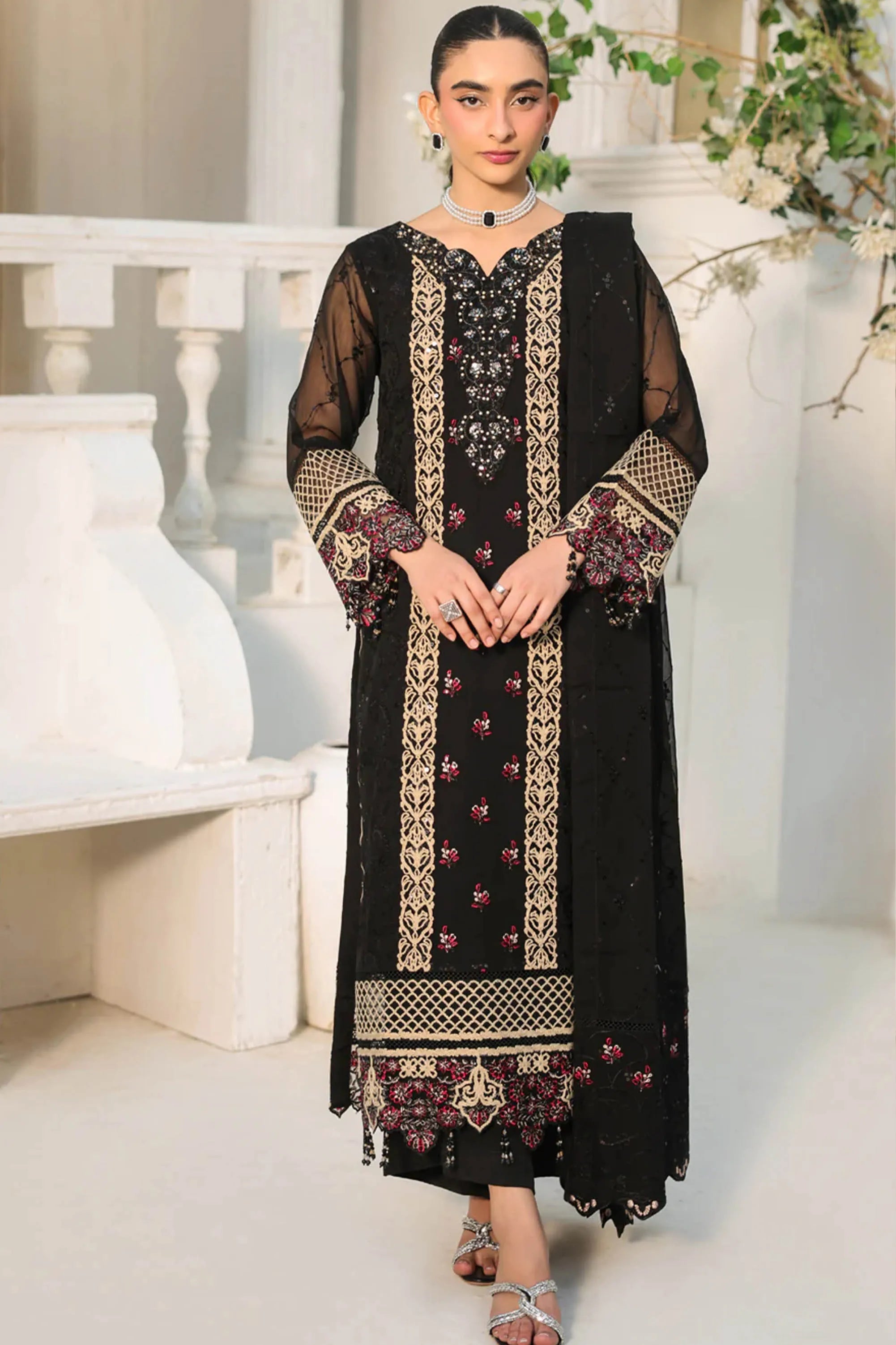 Siyah  Embroidered Chiffon 3PCs