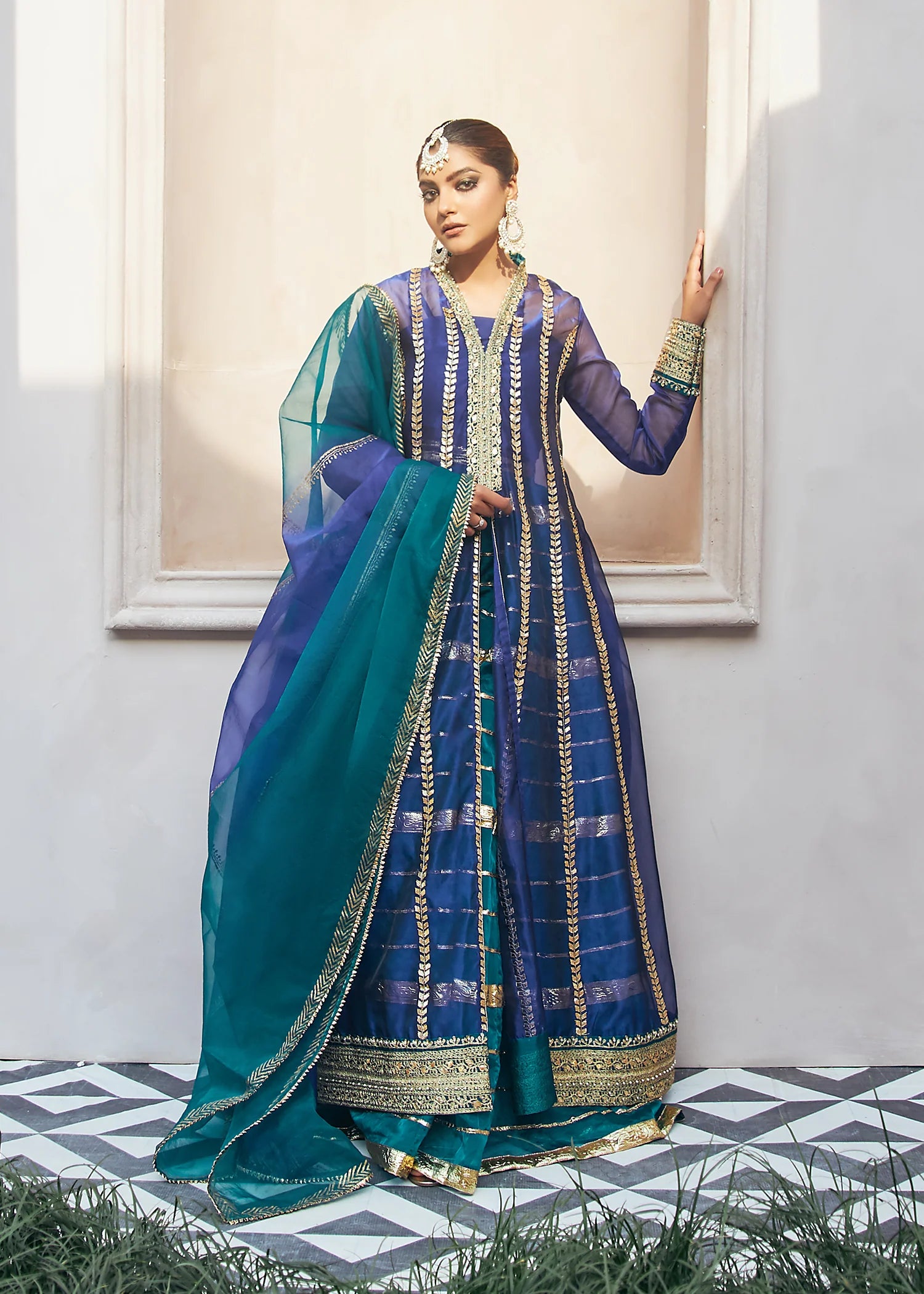 Front Open Blue Shirt with Sharara 1 PC