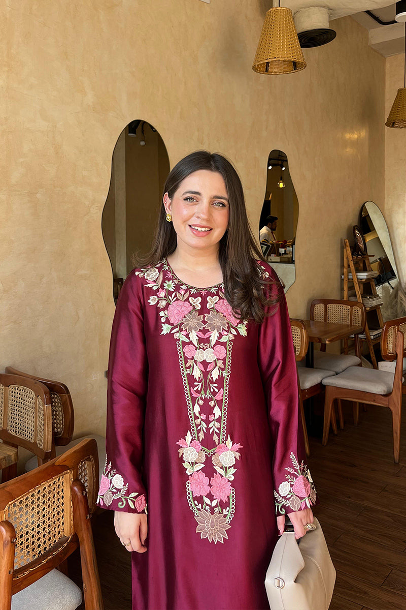 Stylish maroon kaftan Pakistan fancy kaftan dress Pakistan online BuraqStore