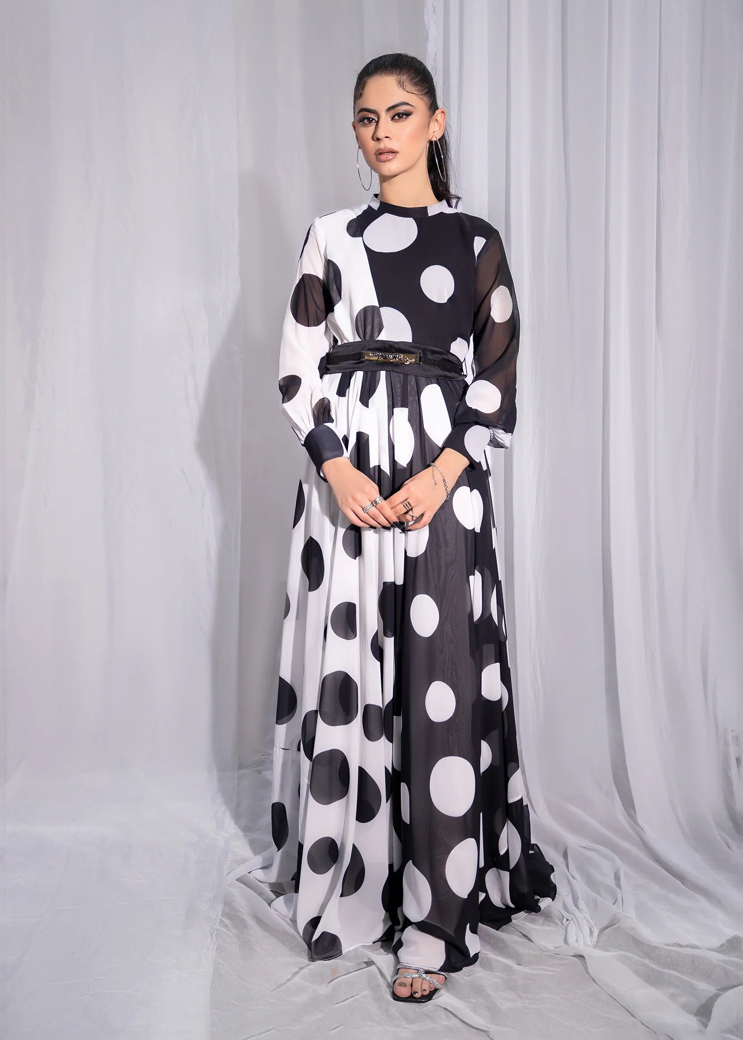 Polka Dot Flared Evening Gown - Black and White Polka Gown