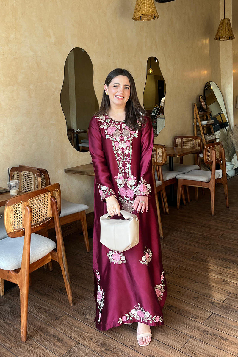 Party wear kaftan dress Pakistan maroon embroidered kaftan Pakistan by BuraqStore