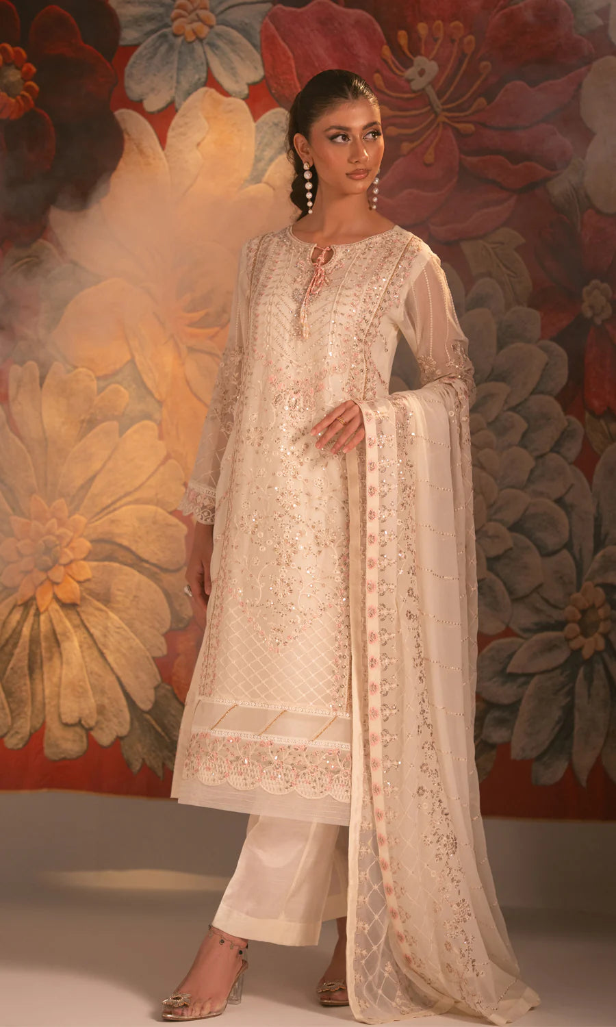 Ecru SU-131 Embroidered Chiffon Unstitched 4Pcs