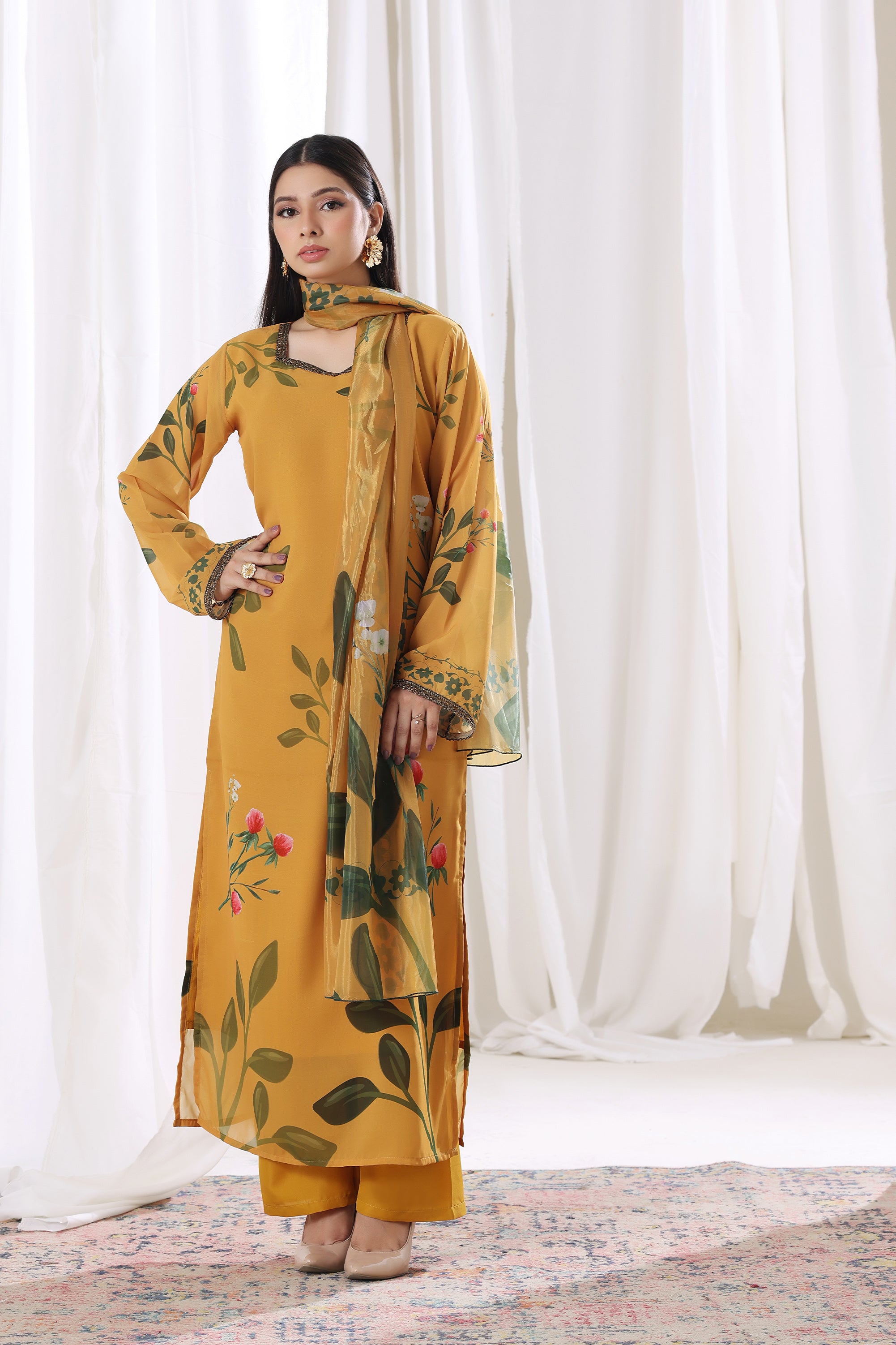 Buraqstore chiffon pret Golden Marigold on model, trendy women’s outfit in Pakistan