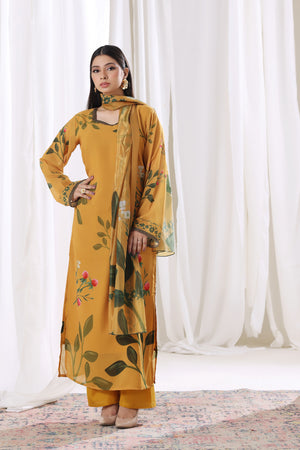 Buraqstore chiffon pret Golden Marigold on model, trendy women’s outfit in Pakistan