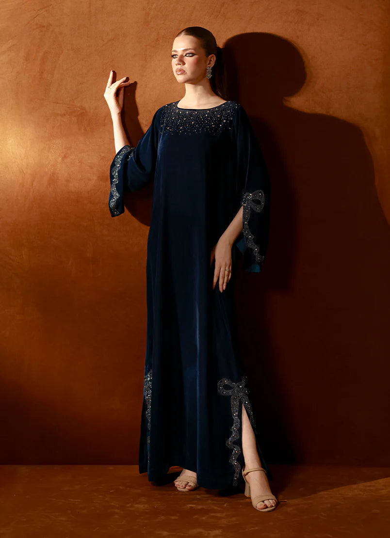 Teal Velvet Kaftan Embroidered Pret 1Pcs