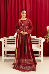 Woman wearing Maroon chiffon bridal maxi by Buraqstore