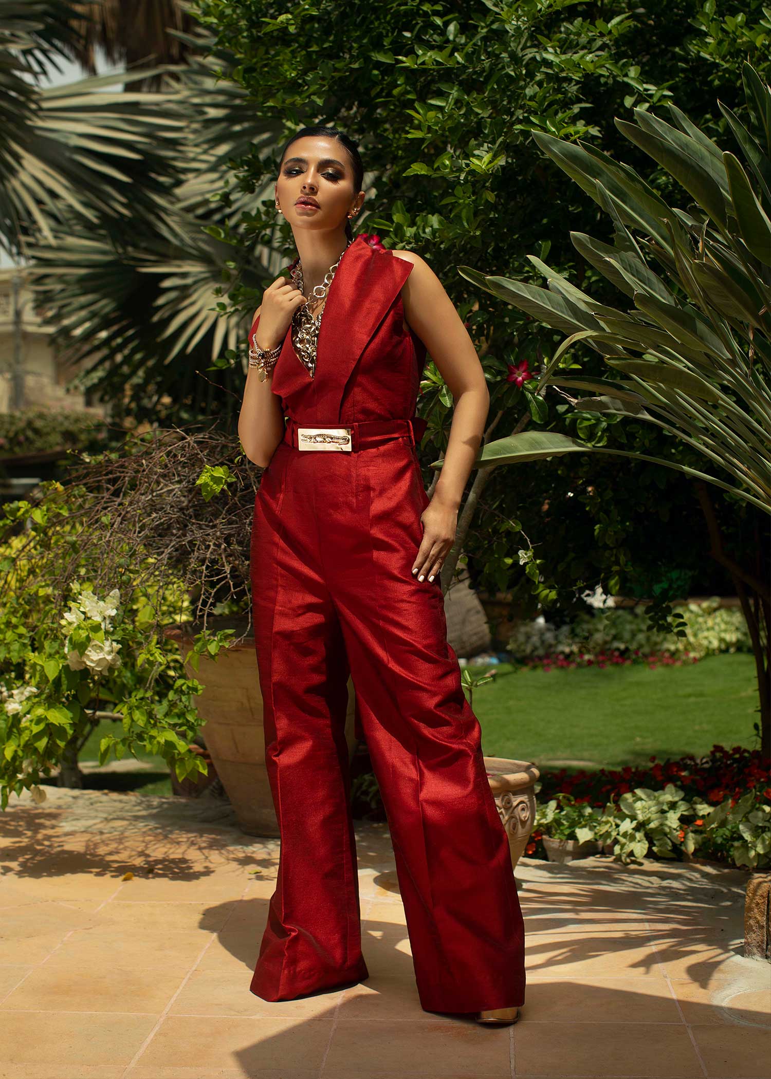 Crimson Cherry - Deep Red V Neck Jumpsuit