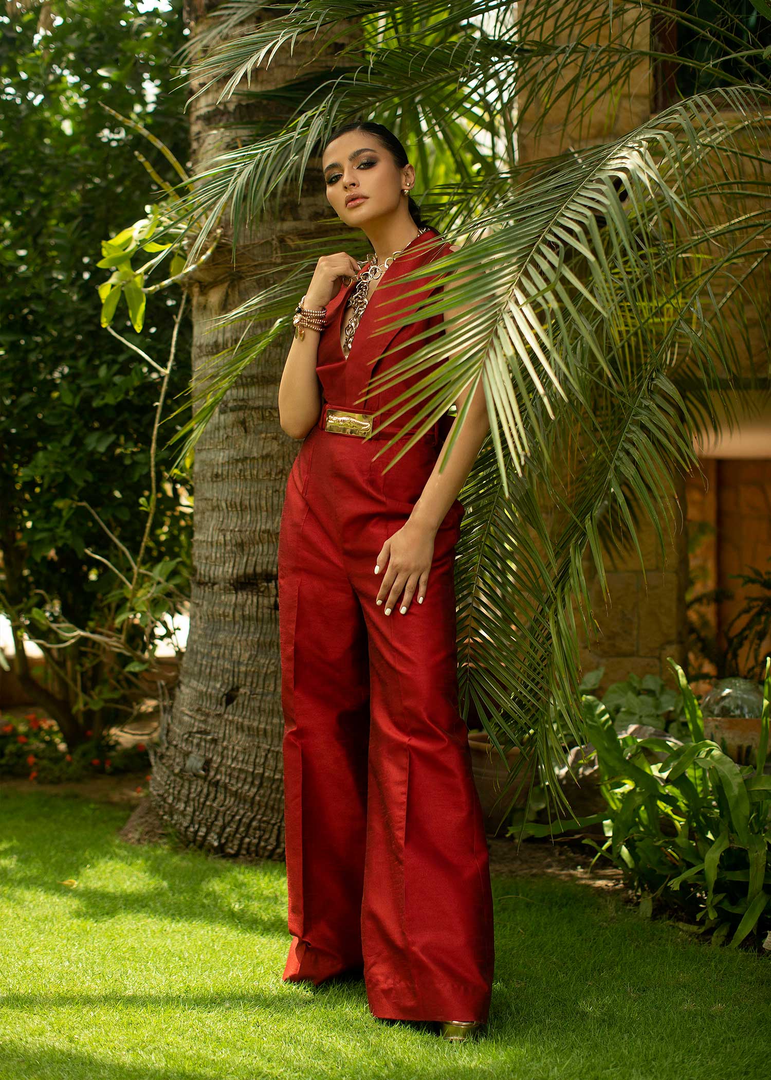 Crimson Cherry - Deep Red V Neck Jumpsuit