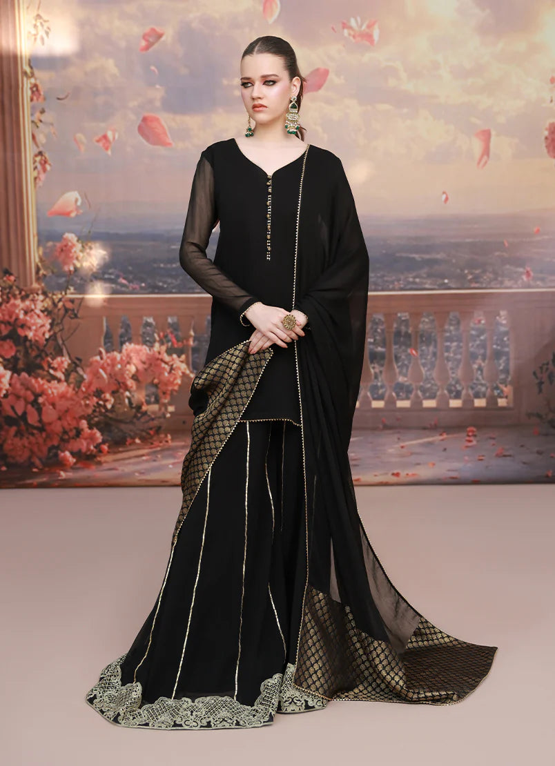 Young woman in Mystic Dusk chiffon pret from Buraqstore, perfect party dress
