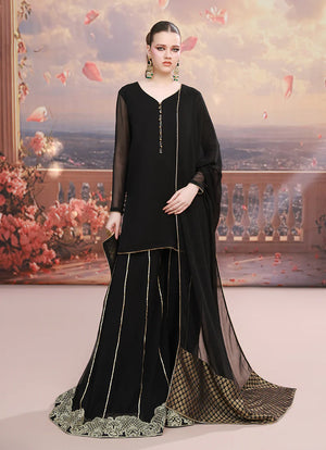 Model wearing Mystic Dusk chiffon pret from Buraqstore, elegant 3 piece dress for women