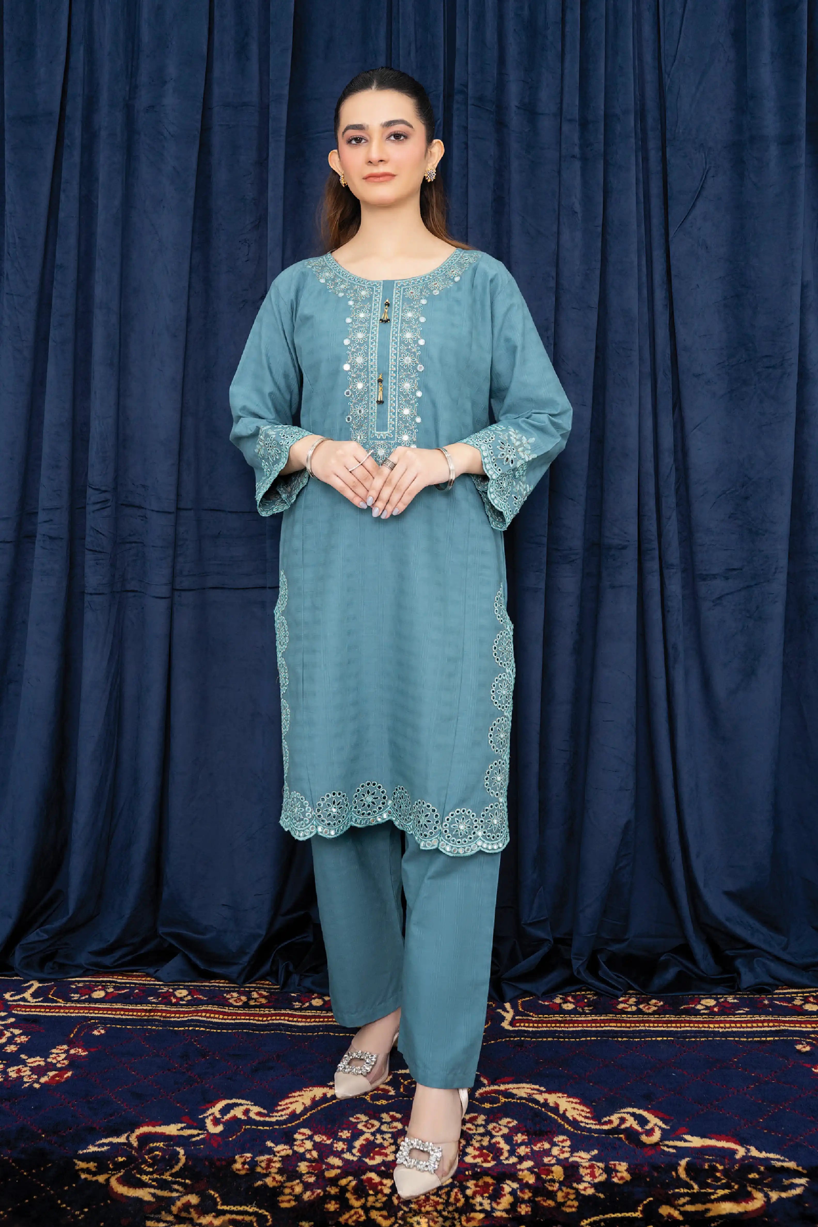 Azure Elegance Embroidered Cotton Pret 2Pcs