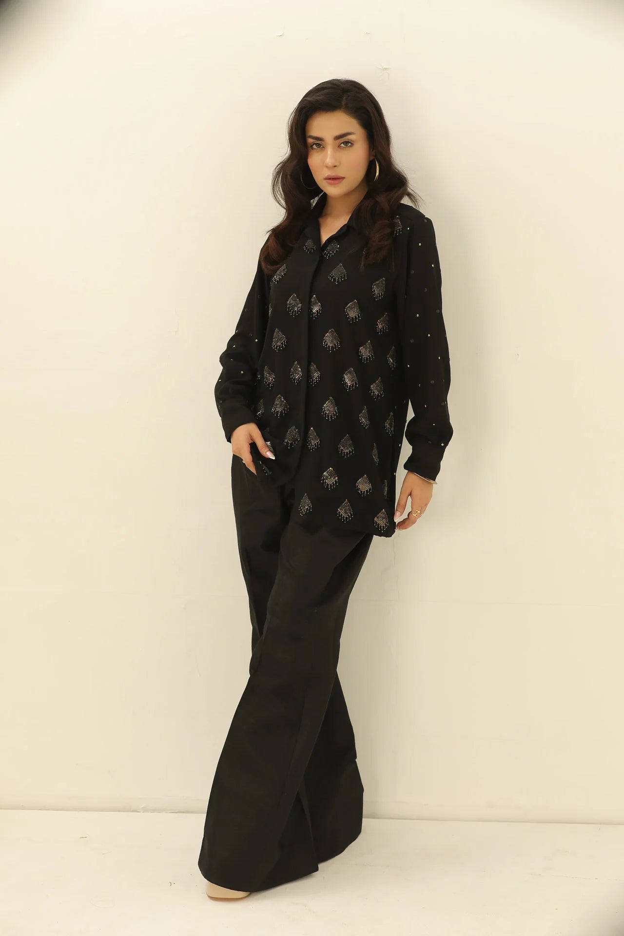 Kohoo - Black Embroidered Chiffon Dress 2 PCs