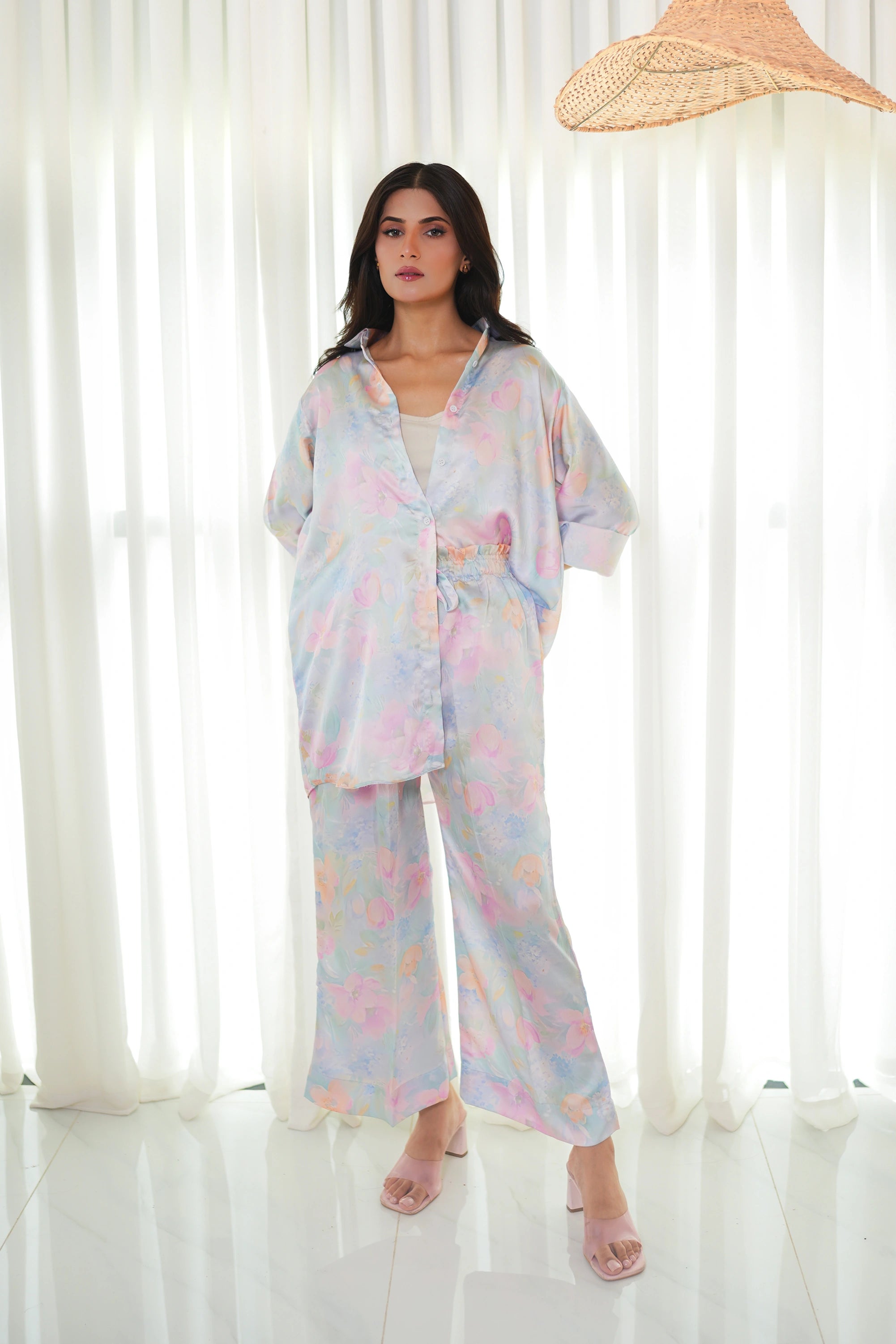 Pastel Floral Button-Down Silk Pret 2PCs
