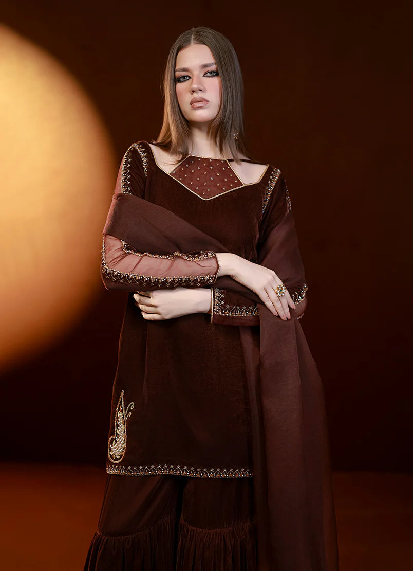 Brown Velvet Gharara Embroidered Pret 3 Pcs