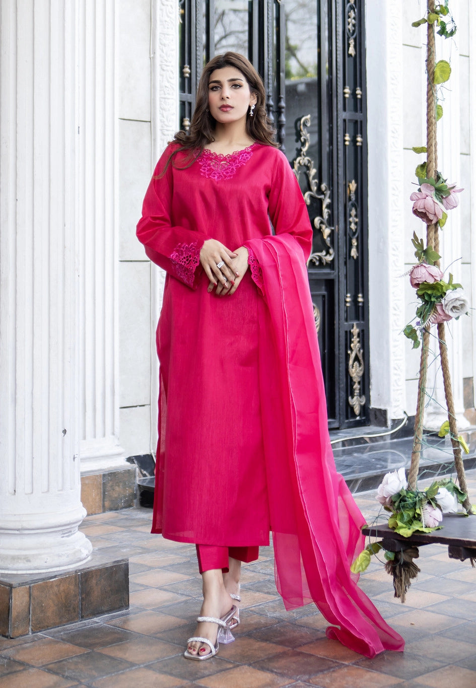 Shocking Pink Raw Silk Pret 3 PCs