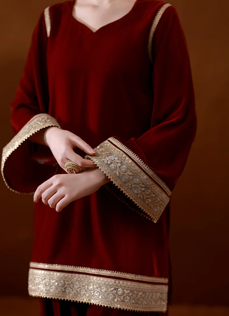 Maroon Velvet Set Pret 3Pcs