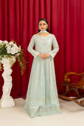 Woman wearing Ice Blue chiffon maxi frock by Buraqstore