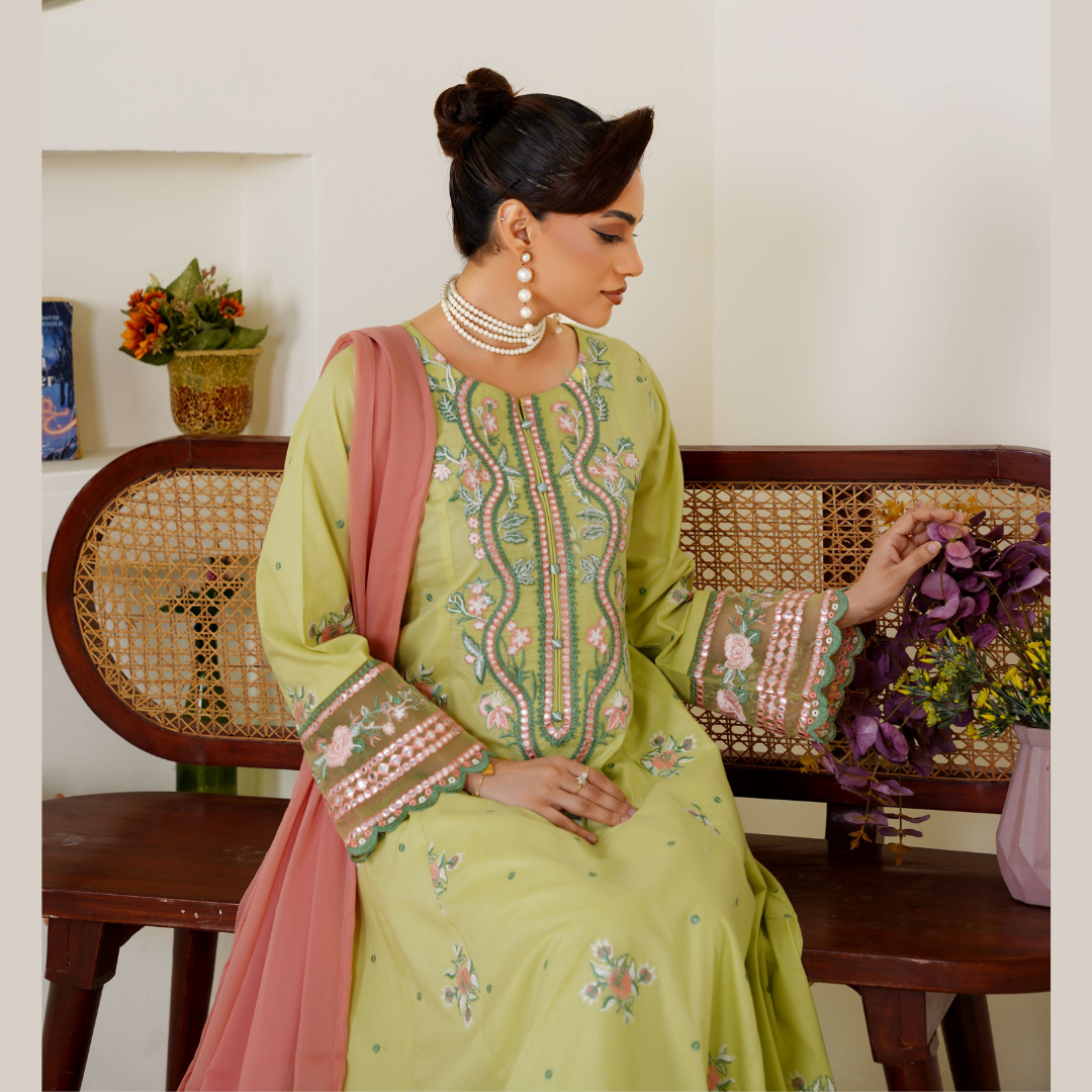 Embroidered Lime Green Lawn Pret 3 PCs