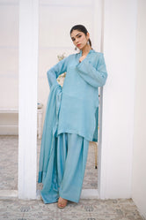 Cyan Raw Silk Pret 3Pcs