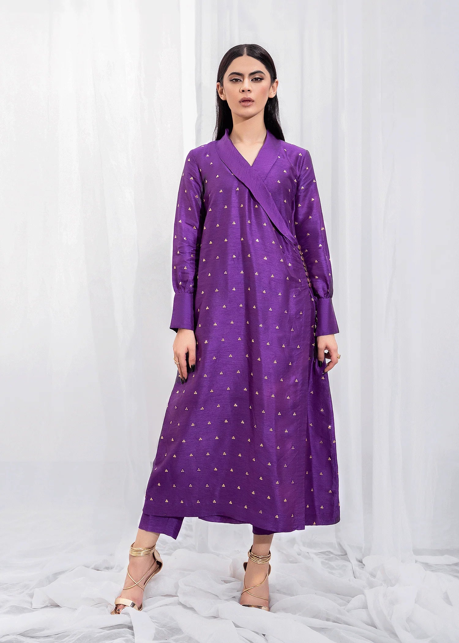 Russian Violet Draped Outfit | Purple Draped Angrakha Shirt