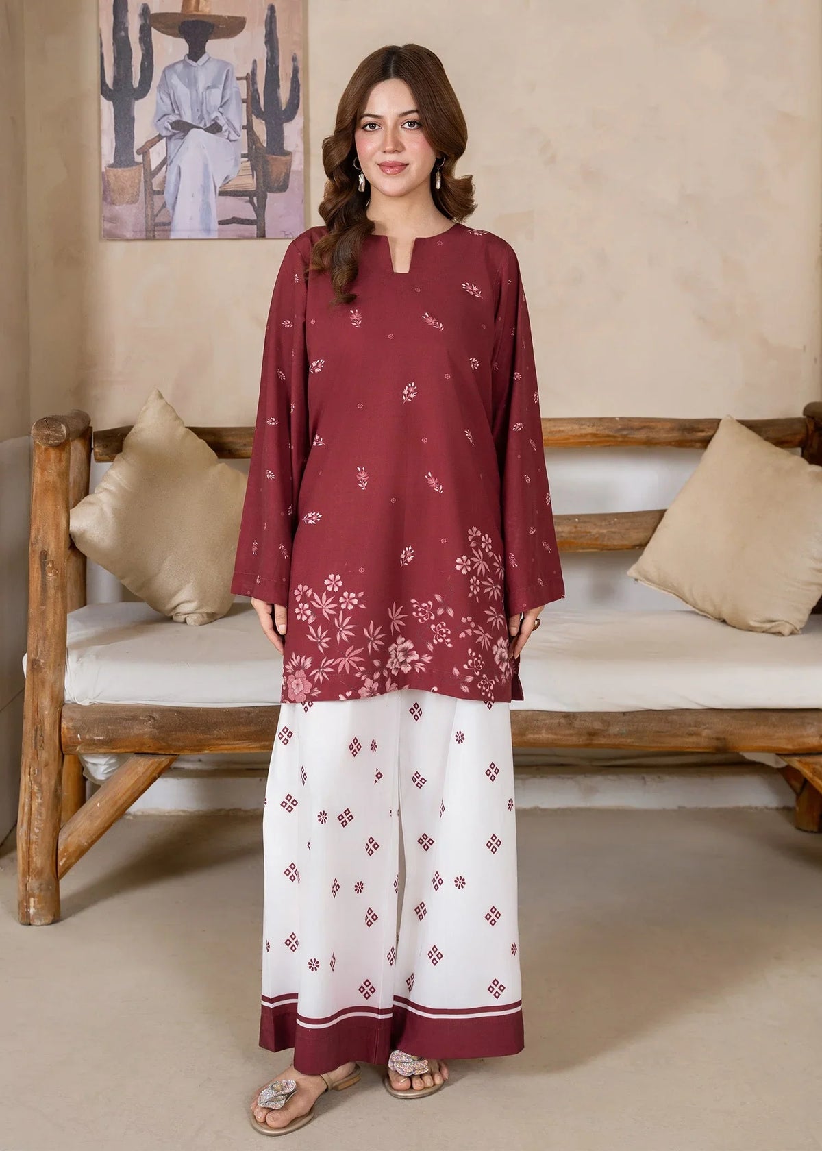 Maroon Printed Co Ord Set for Women 2PC