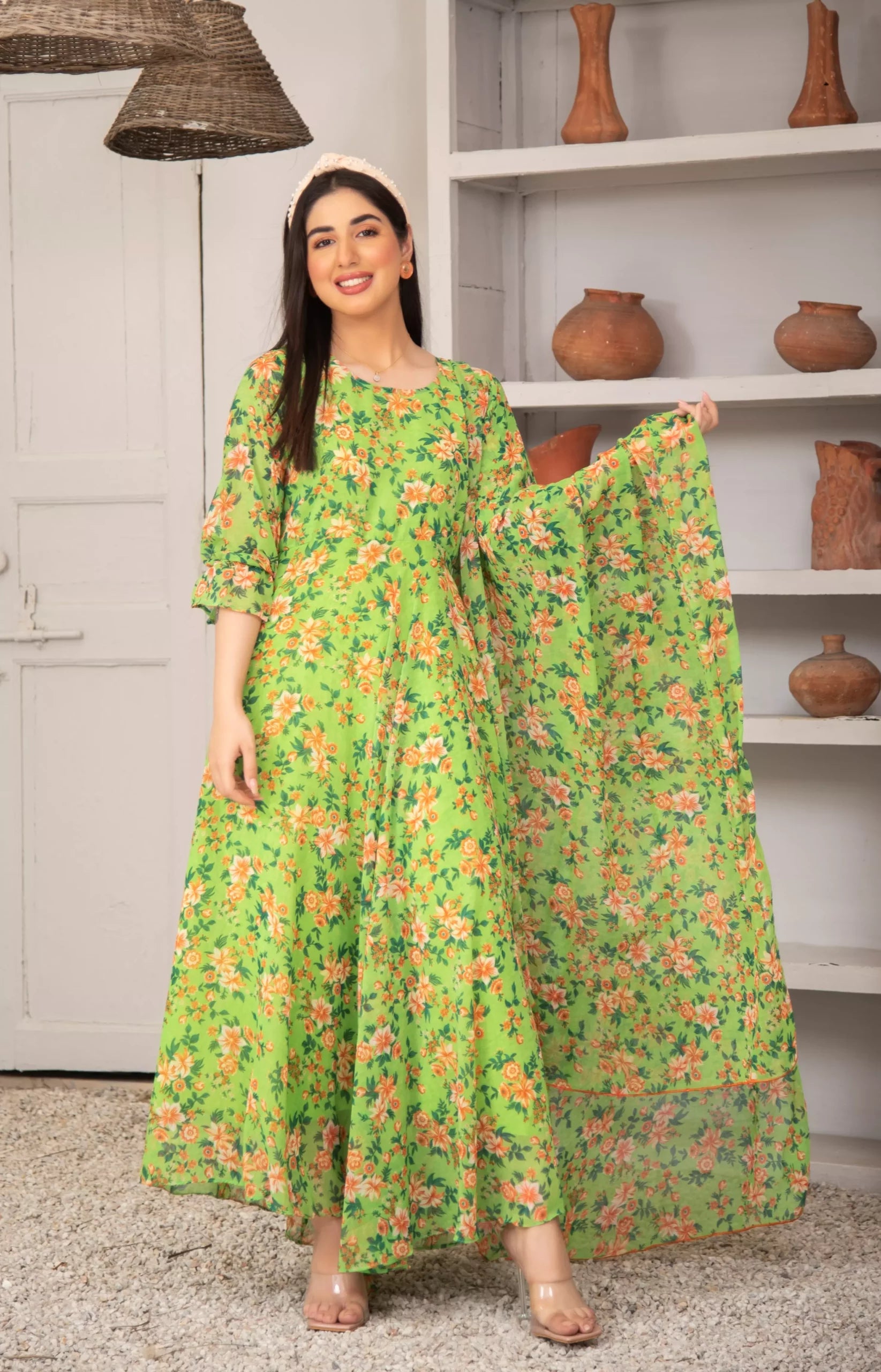 Pea green bird Frock Stitched 2 PCs