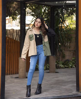 Western wear for women Camel Wrap Jacket by Buraq Store featuring a stylish wrap silhouette and modern layering design.
