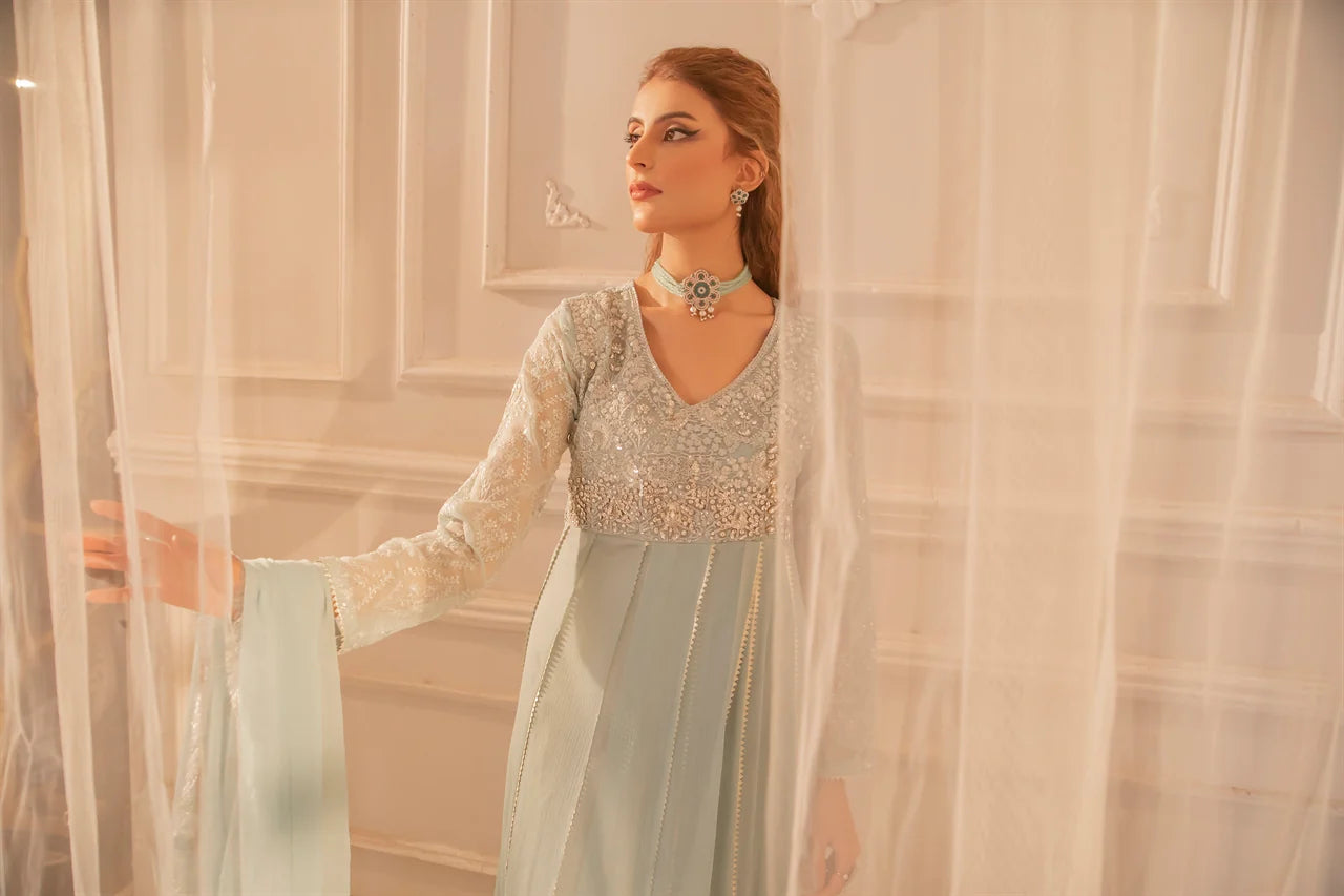 Aqua Mist – Aqua Angrakha Style Frock (3PCs)