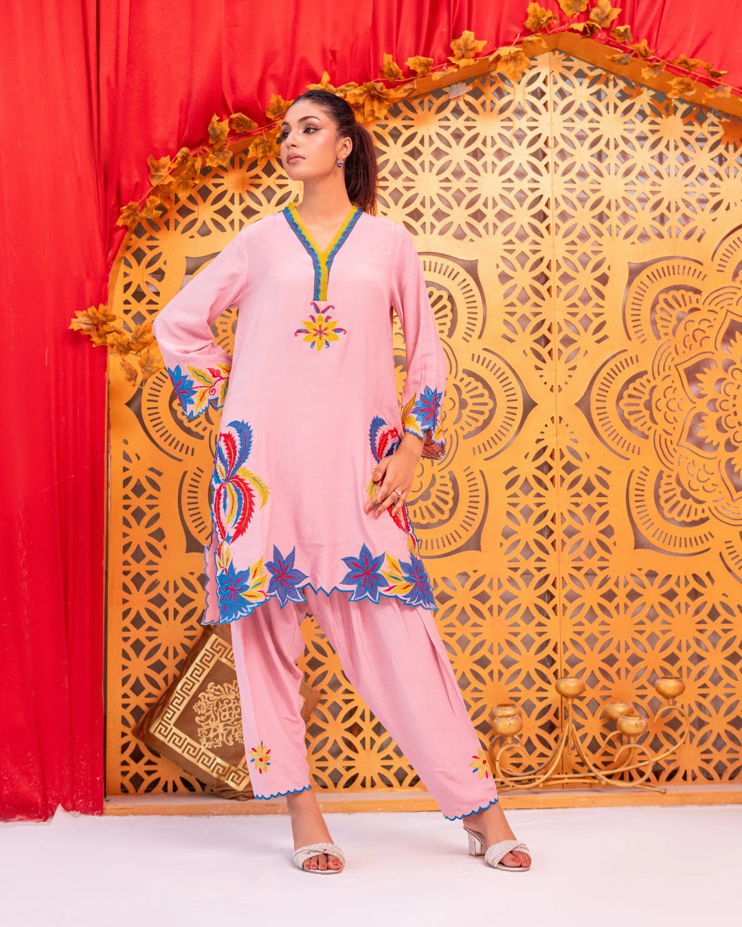 woman posing in pink silk dress co ord outfit buraqstore