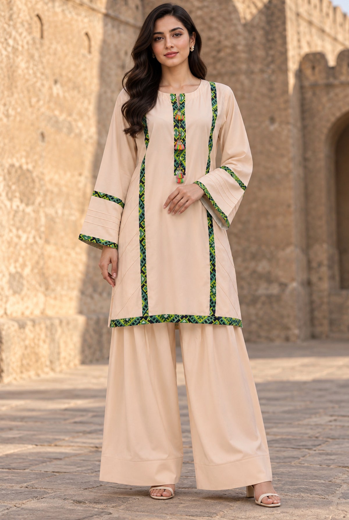 Beige Linen Suit Design for Women 2PC