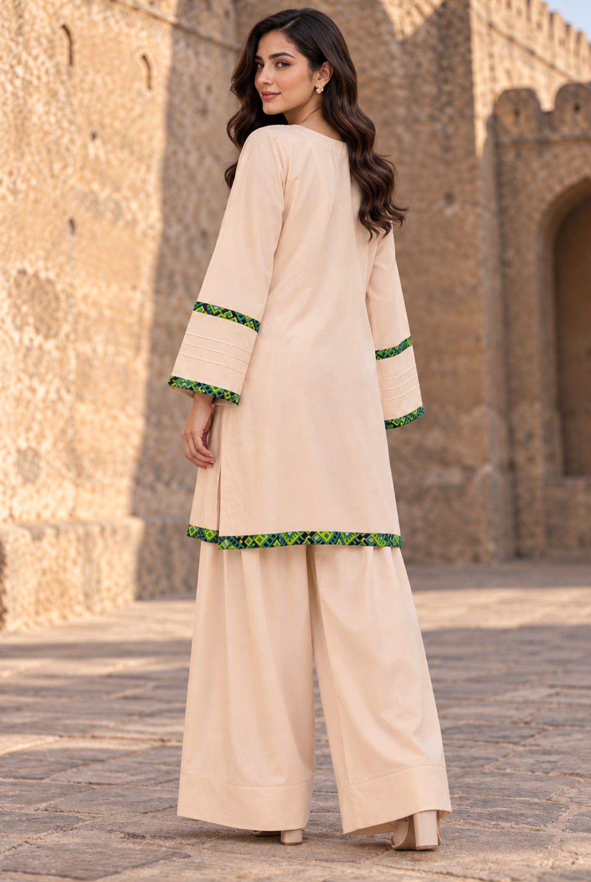 Beige Linen Suit Design for Women 2PC