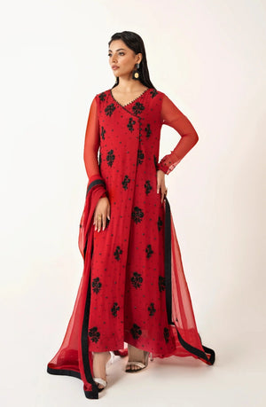 Buraqstore girl posing confidently in premium red colour dress with rich embroidery