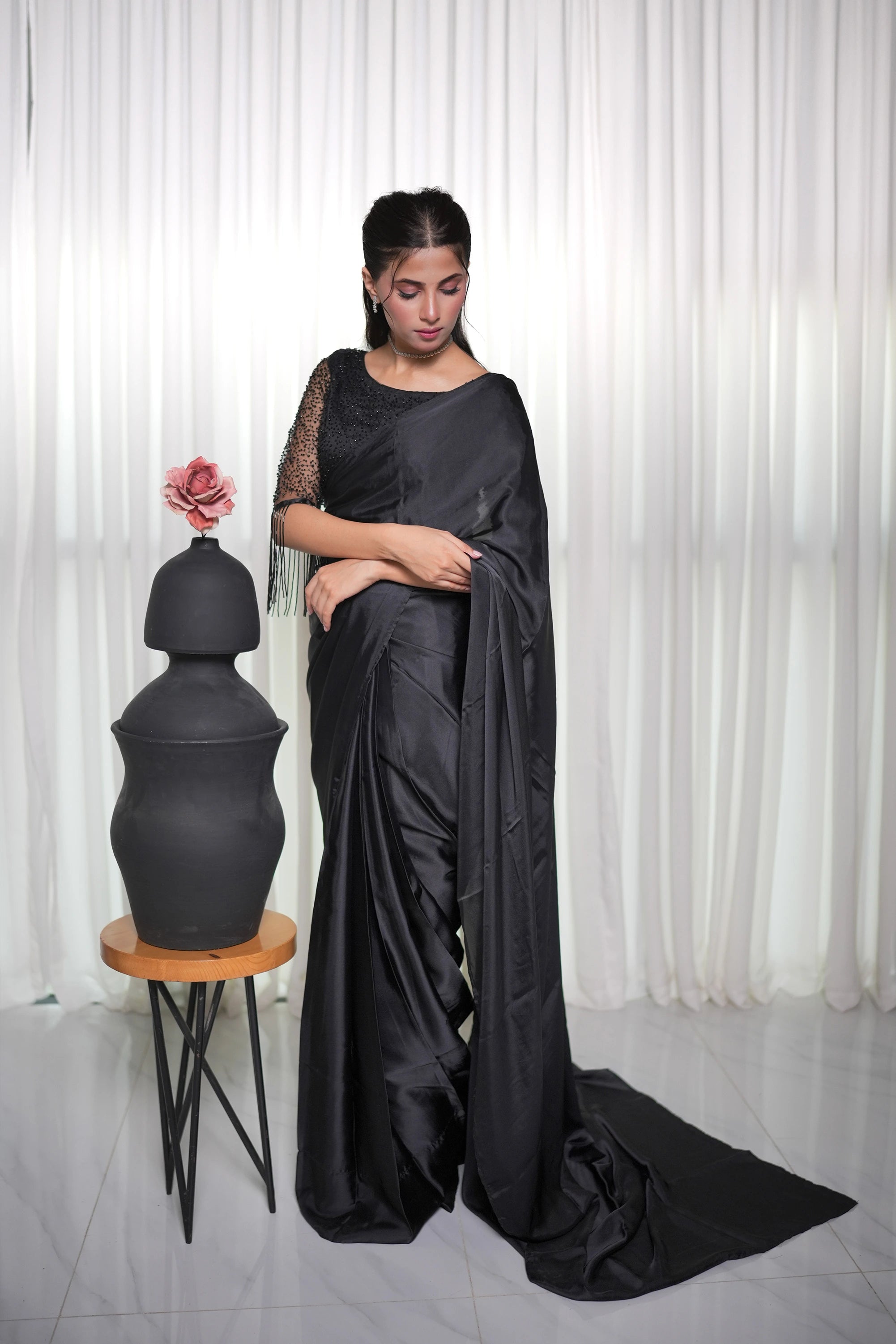 Black Cutdana Embellished Saree Pret 2Pcs