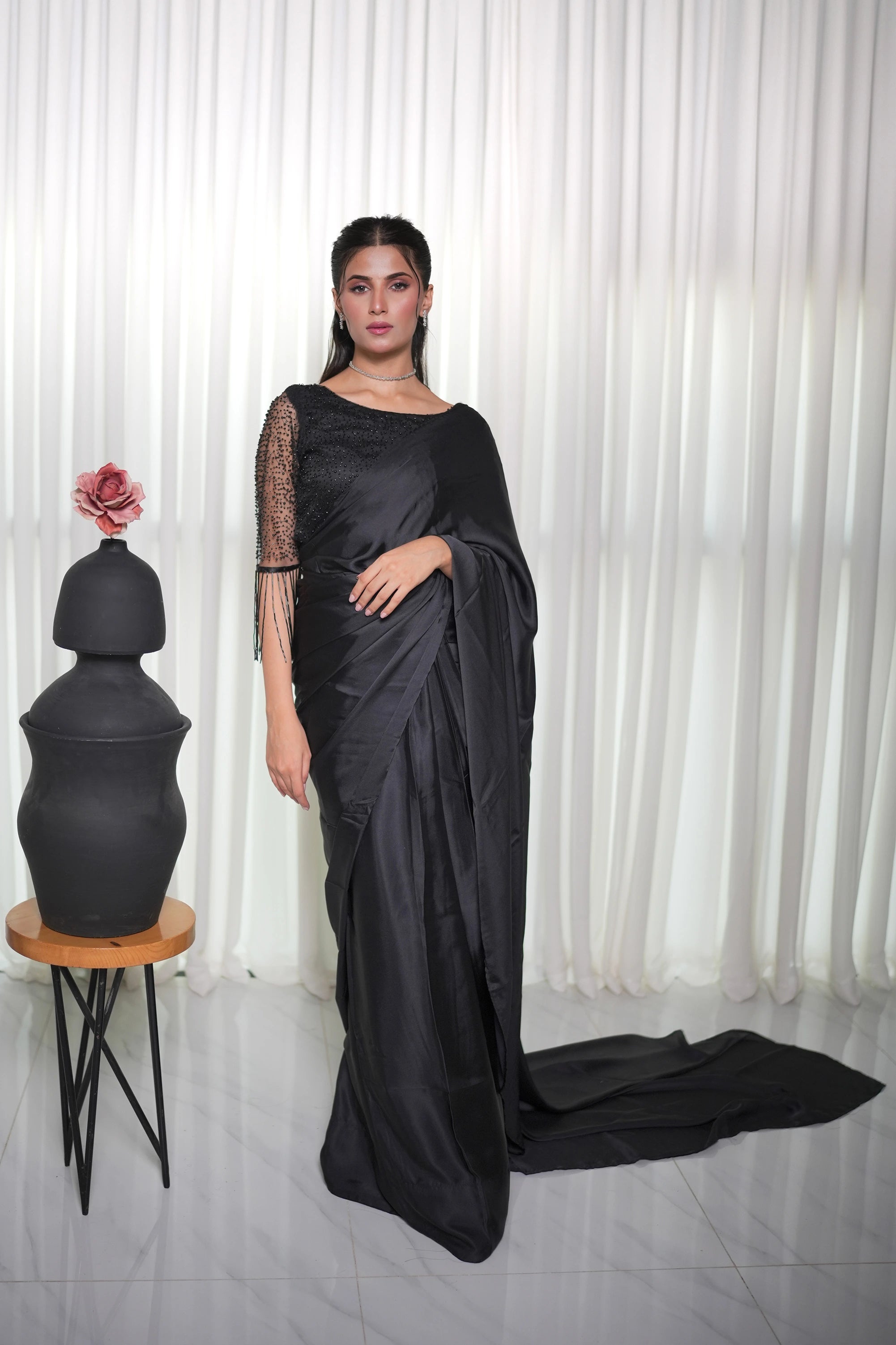 Black Cutdana Embellished Saree Pret 2Pcs