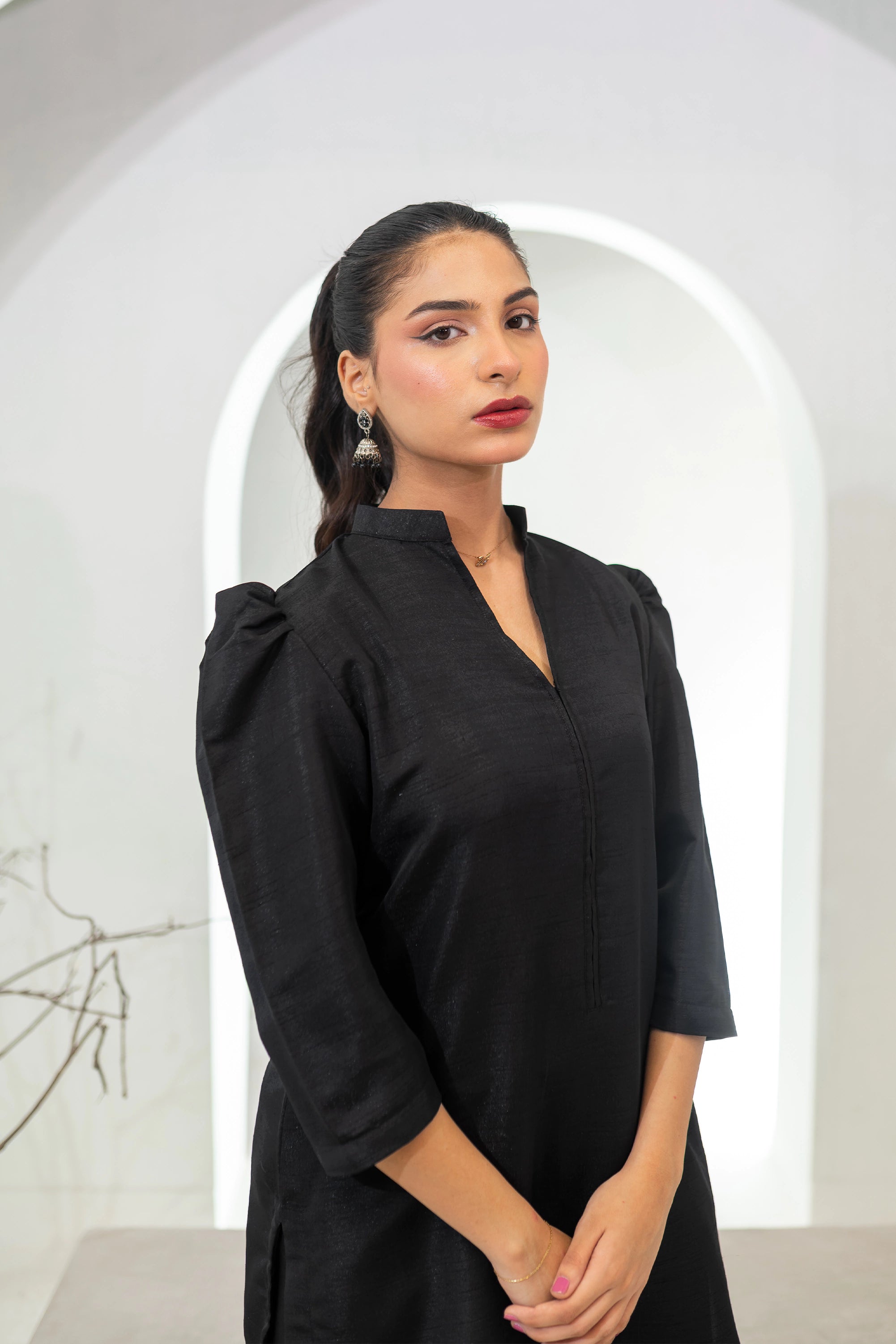 Elegant black raw silk farshi shalwar suit for ladies ready to wear with premium texture, traditional cut and evening wear style BuraqStore
