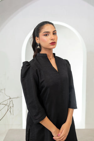 Elegant black raw silk farshi shalwar suit for ladies ready to wear with premium texture, traditional cut and evening wear style BuraqStore