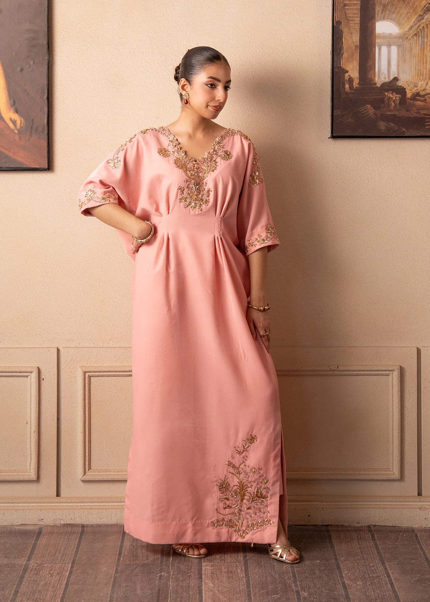 BuraqStore Velvet Kaftan Dress – Blush Aura Embroidered Pret 3PC
