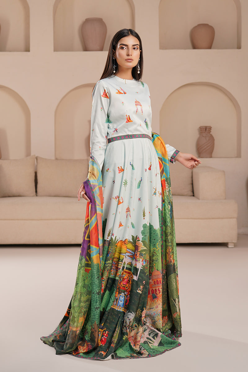 Woman wearing a stylish printed Poly Raw Silk lehenga choli from the Anayra Amal collection, featured at Buraq Store