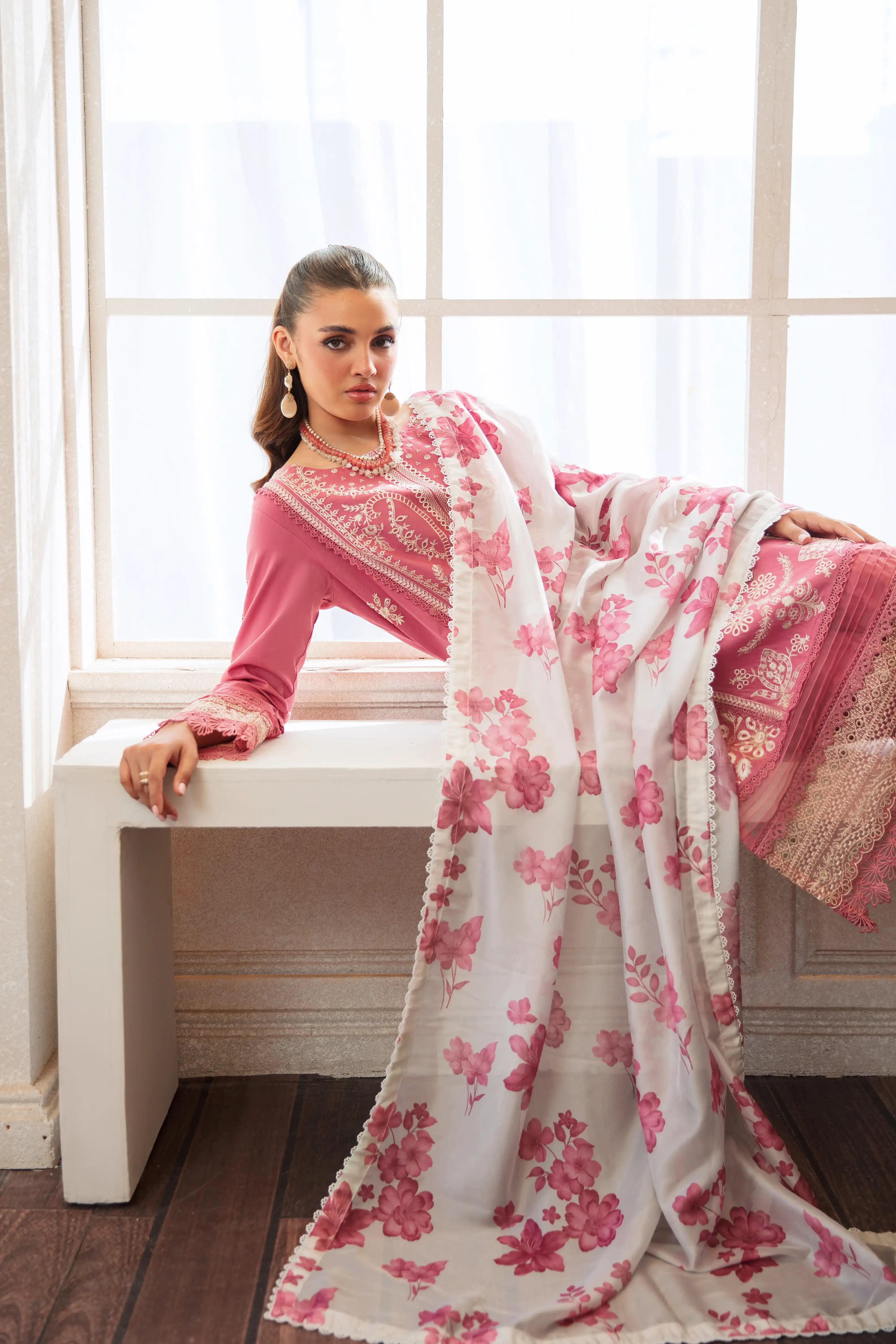 Coral Pink Embroidered Lawn Suit – Festive 3Pc Design