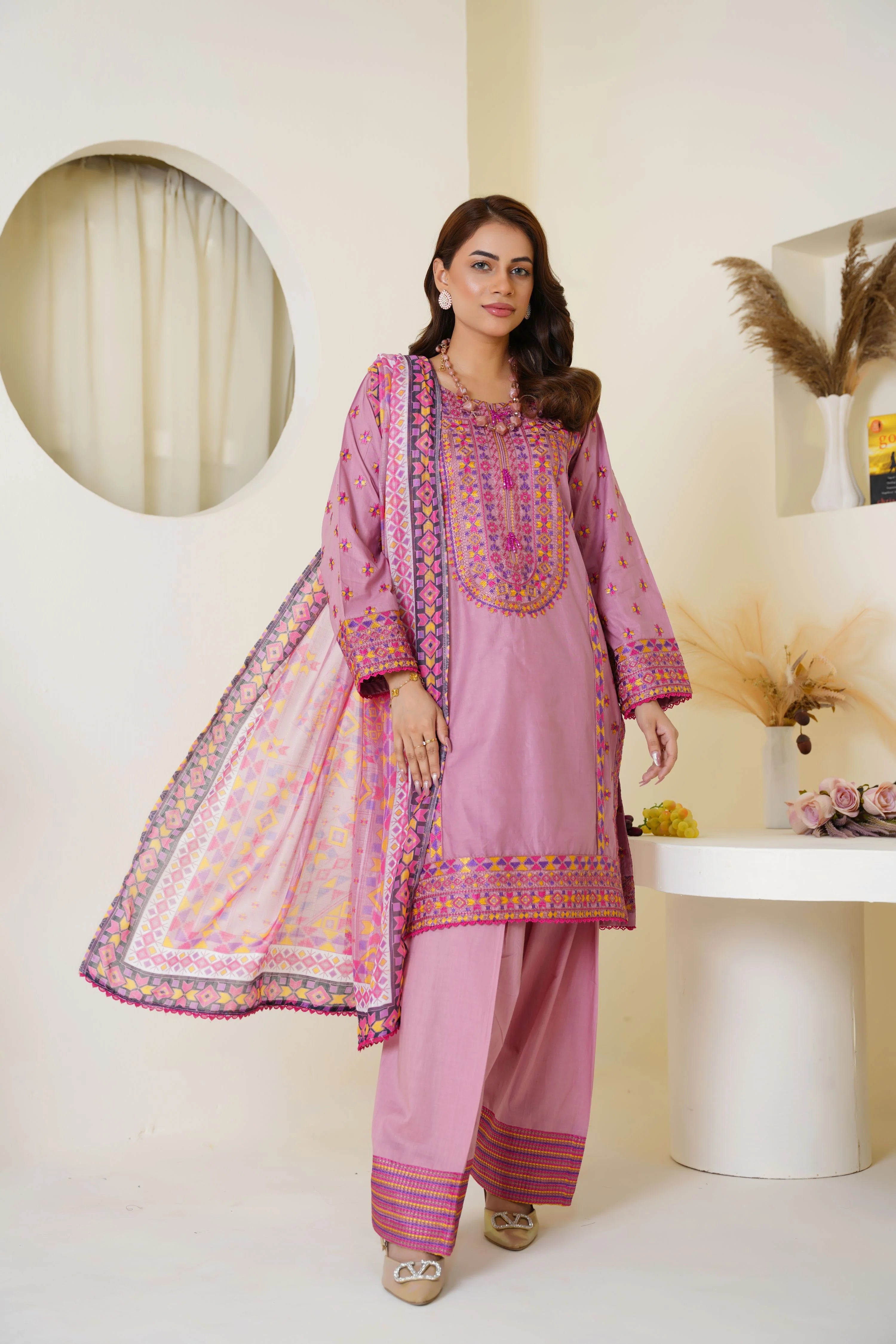 Mauve Pink Embroidered Viscose Pret 3PCs