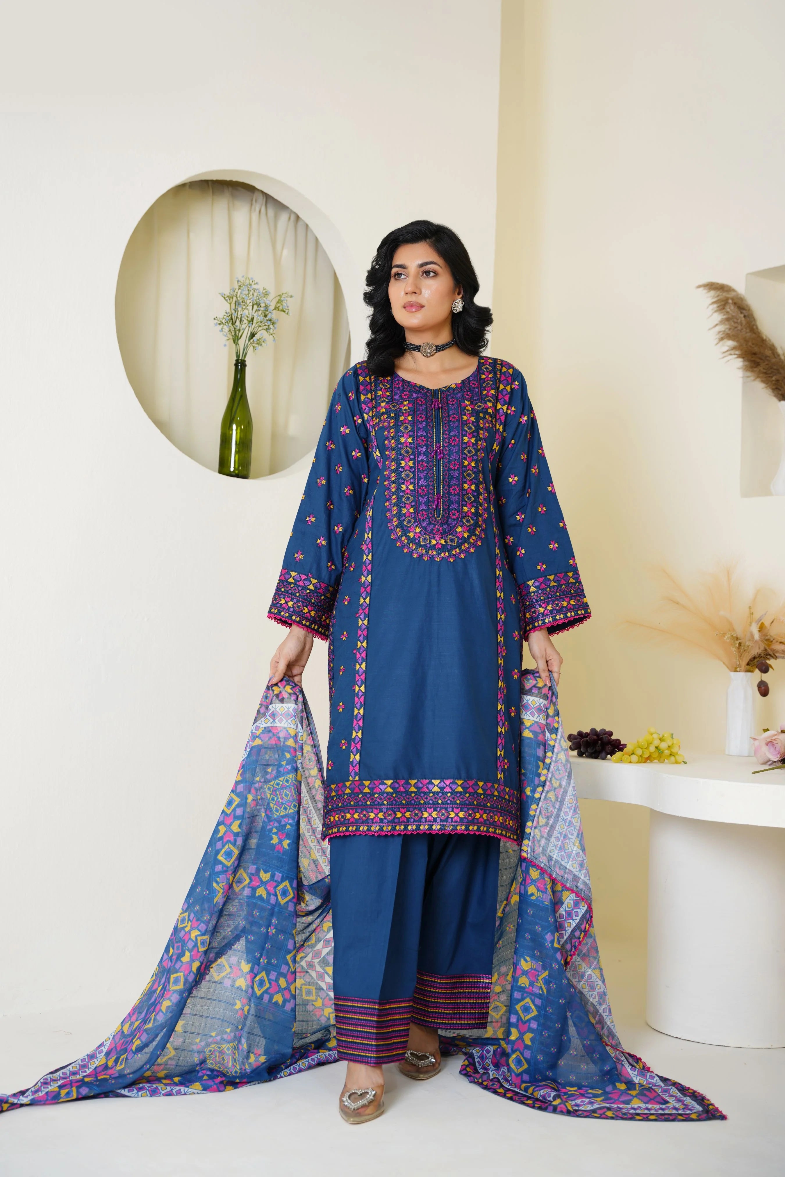 Royal Blue Embroidered Lawn Pret 3 PCs