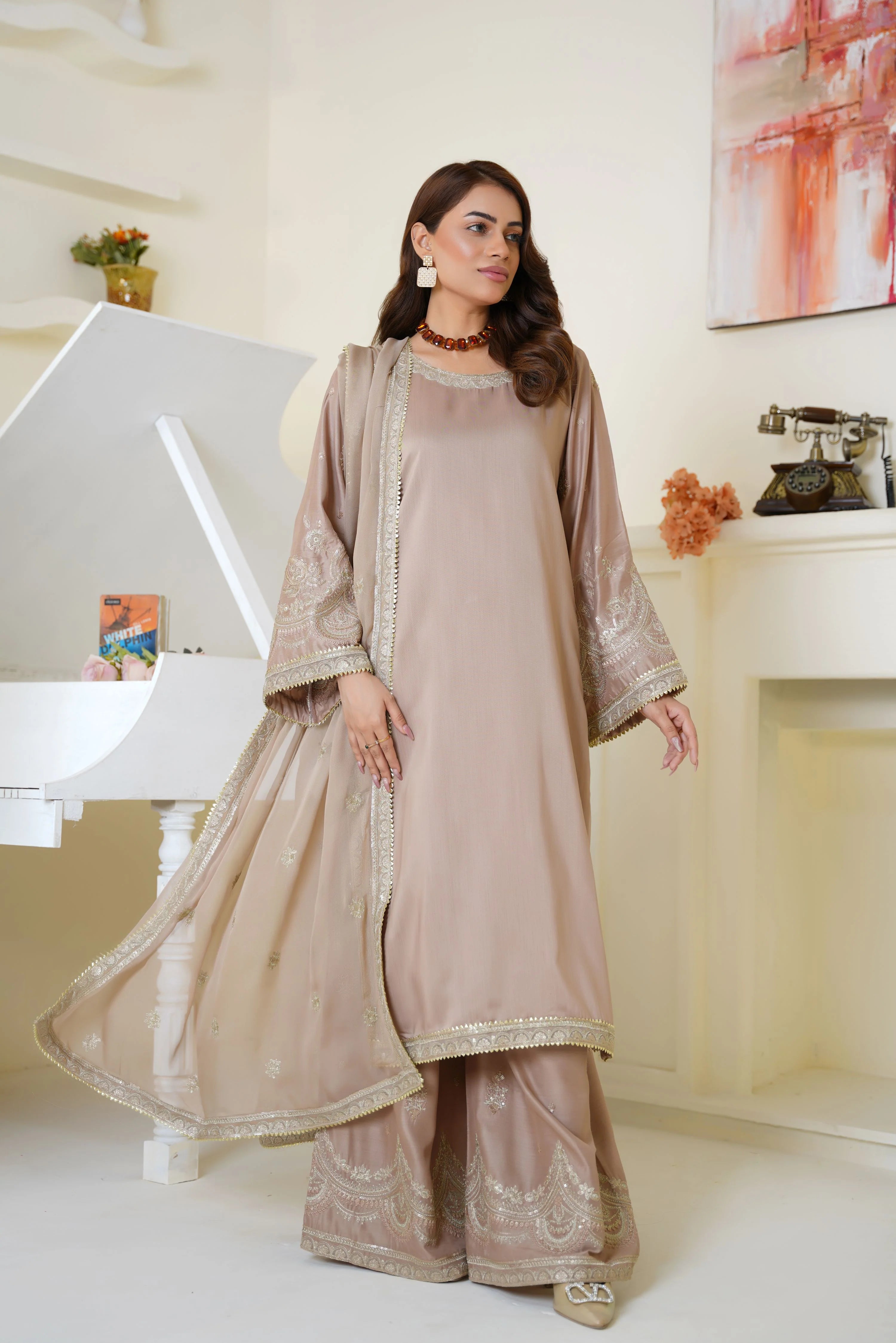 Champagne Beige Embroidered Viscose Pret 3 PCs