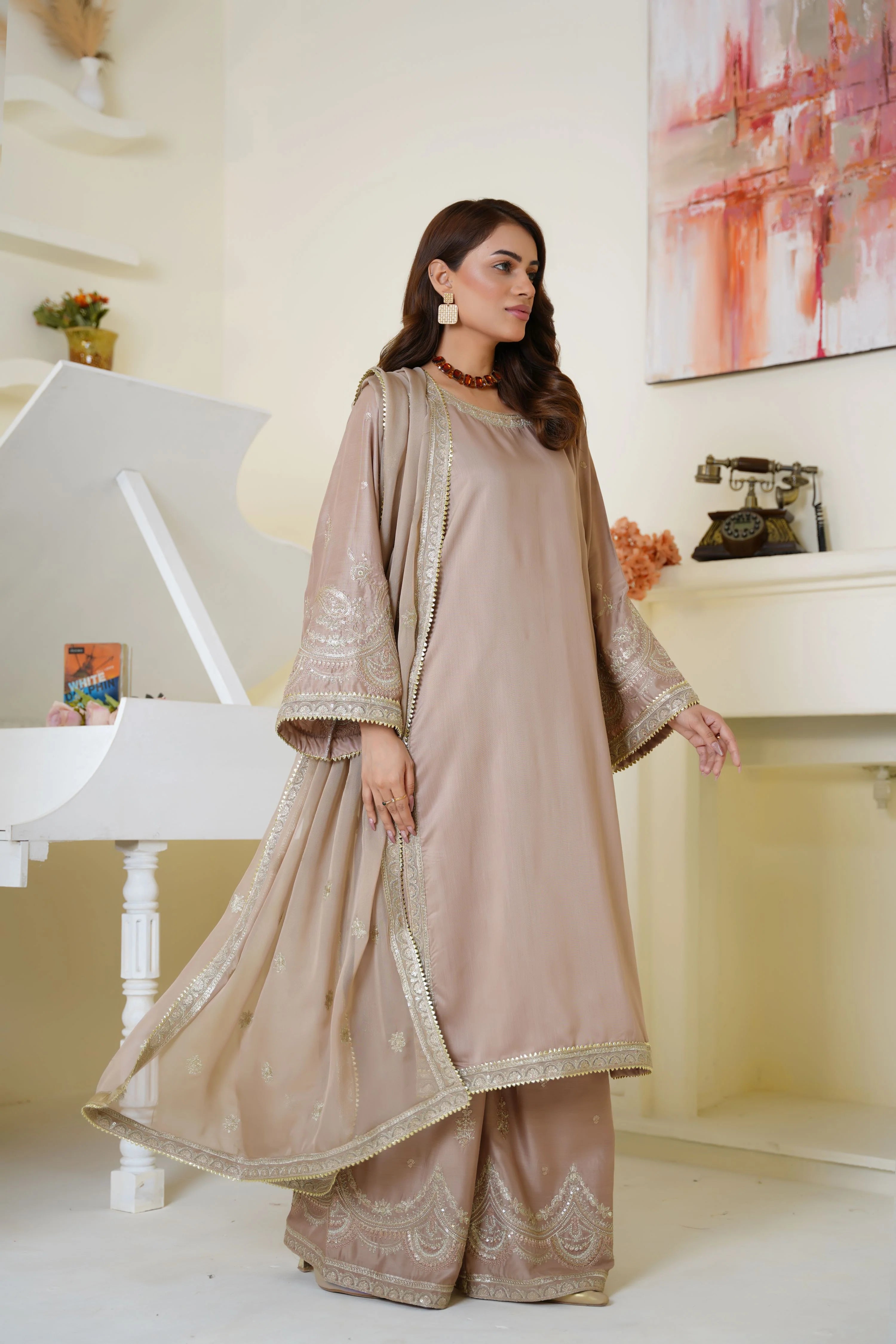 Champagne Beige Embroidered Viscose Pret 3 PCs